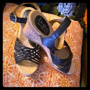 Black Leather Ankle Strap Wedge Sandals